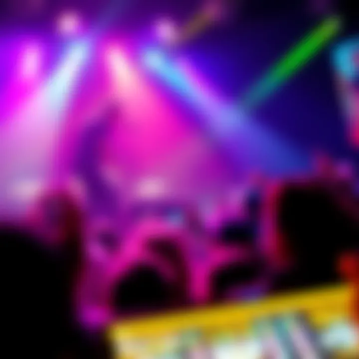 Mac DeMarco on stage with colorful lights, engaging with the audience during a live performance.