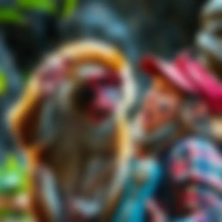 A wild macaque playfully interacting with a surprised traveler, capturing a humorous moment in nature.