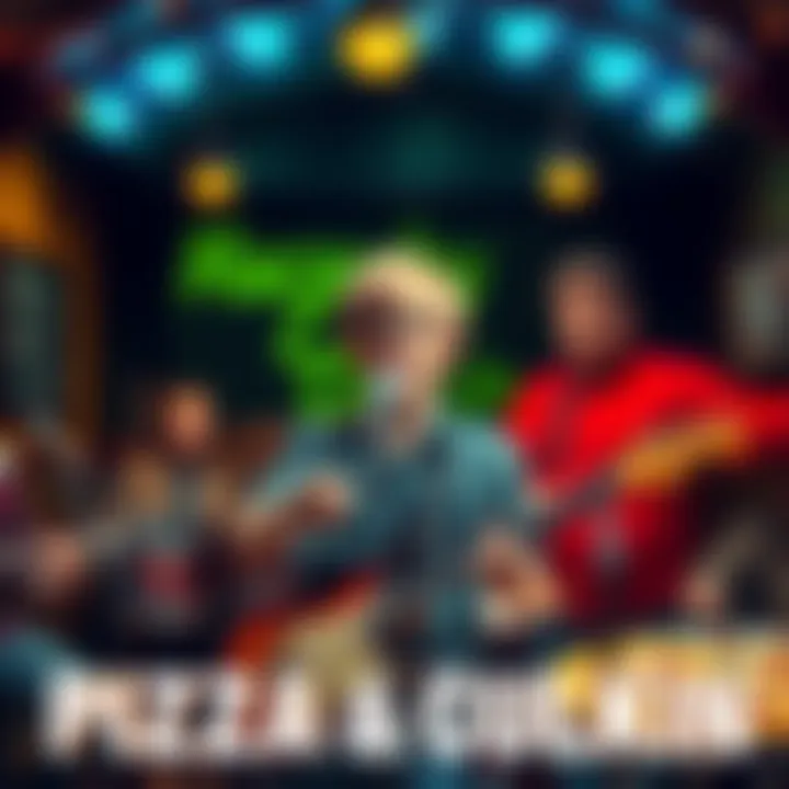 Macaulay Culkin performing with his band The Pizza Underground, surrounded by pizza-themed decorations.