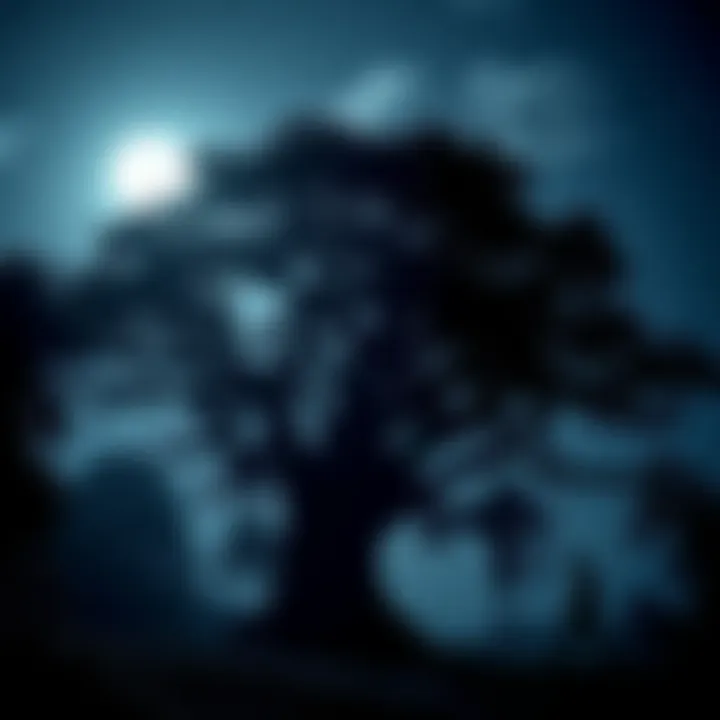 Madagascar's man-eating tree under moonlight A large, eerie tree in Madagascar surrounded by shadows, with a moonlit sky above, illustrating the legend of the man-eating tree.