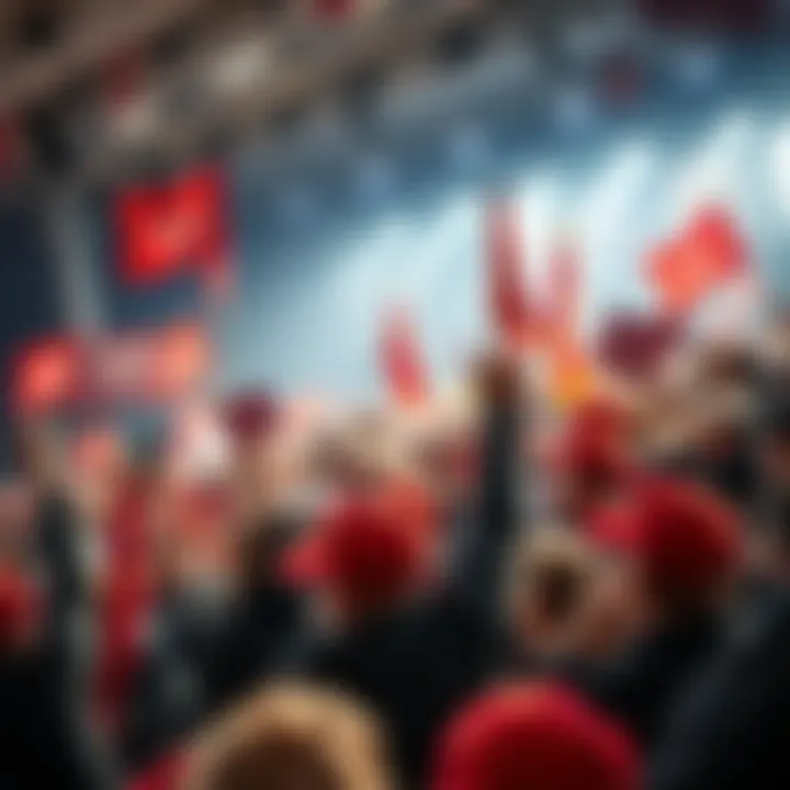 A lively crowd at a MAGA rally, waving flags and wearing red hats, showing strong support for the movement.