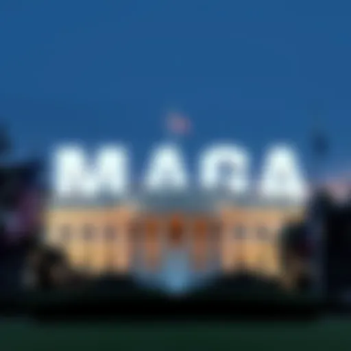 MAGA slogan in bold letters with a backdrop of the White House and political symbols
