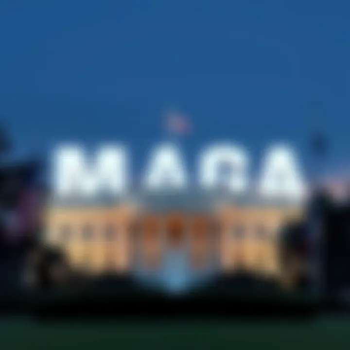 MAGA Slogan Concept MAGA slogan in bold letters with a backdrop of the White House and political symbols
