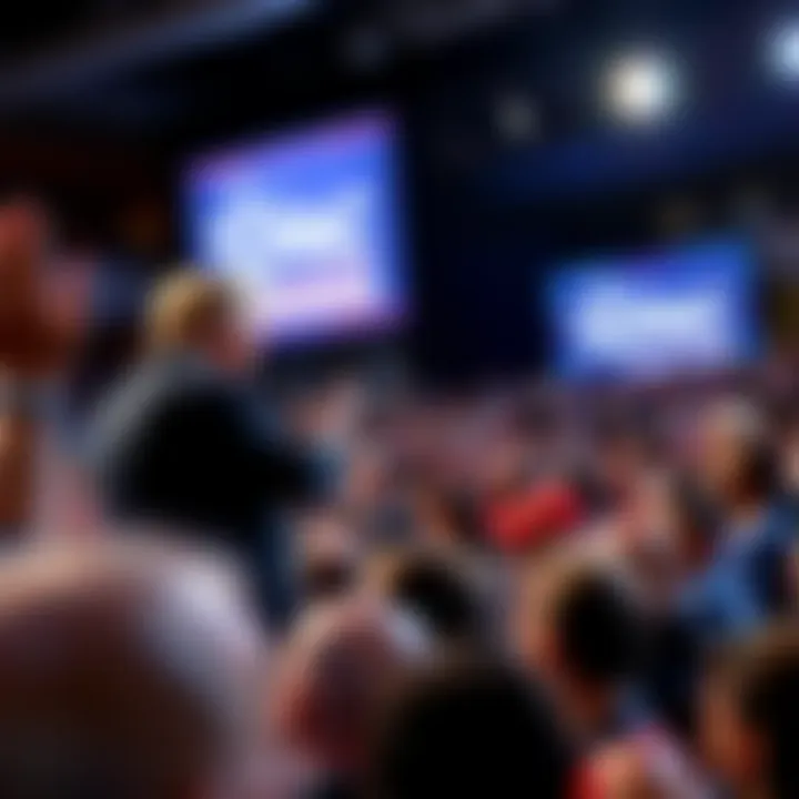 A MAGA speaker passionately addressing the crowd at CPAC, with attendees listening intently, while a banner promoting the event hangs in the background.