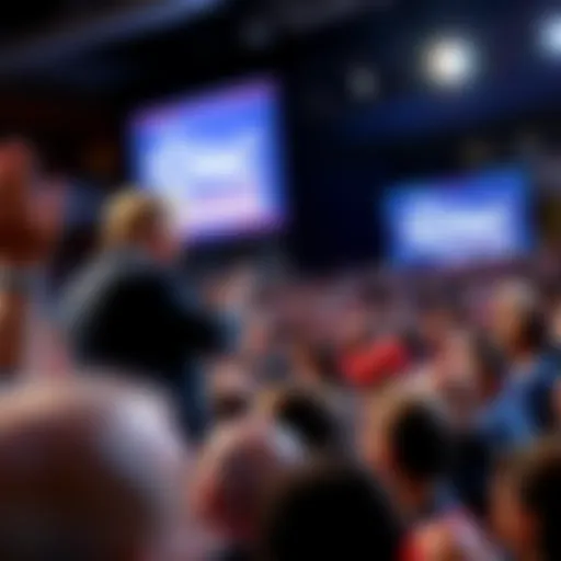 MAGA Speaker at CPAC A MAGA speaker passionately addressing the crowd at CPAC, with attendees listening intently, while a banner promoting the event hangs in the background.
