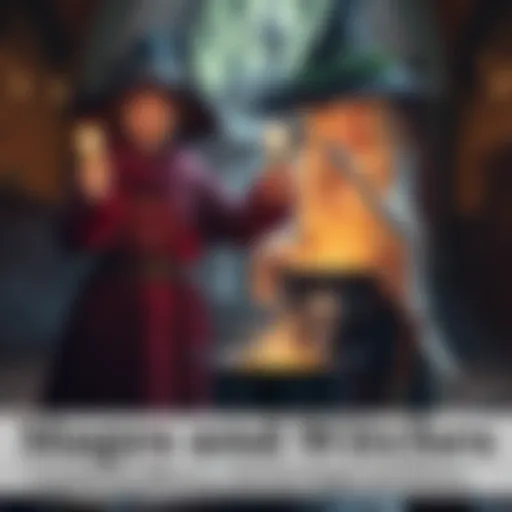 A mage casting a spell with a wand and a witch brewing a potion in a cauldron, showing their different types of magic practices.