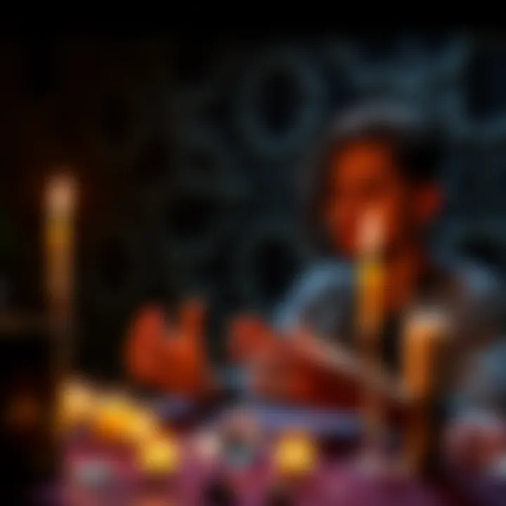 Magic Techniques for Healing A person practicing magic with candles and crystals, focusing on personal healing and psychological growth.