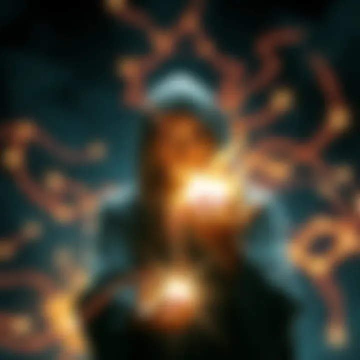 A depiction of a person practicing chaos-based sigil magic with bright energy swirling around them, showcasing the contrast between traditional and dangerous magical methods.