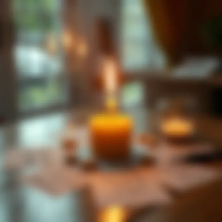 A lit magic candle surrounded by handwritten intentions for success on a wooden table.
