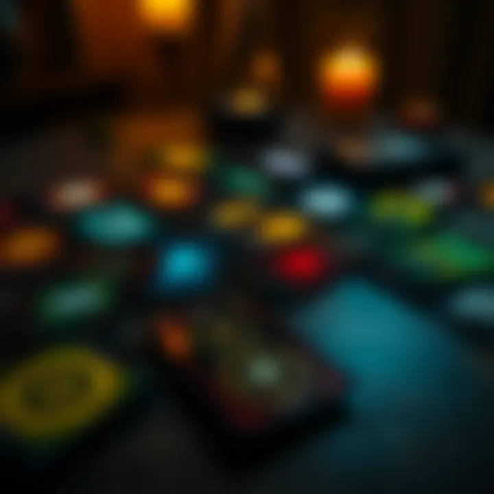 A set of colorful magic cards laid out on a table, with some cards flipped face up showing different magical symbols. The background is dimly lit, hinting at a mystical atmosphere.