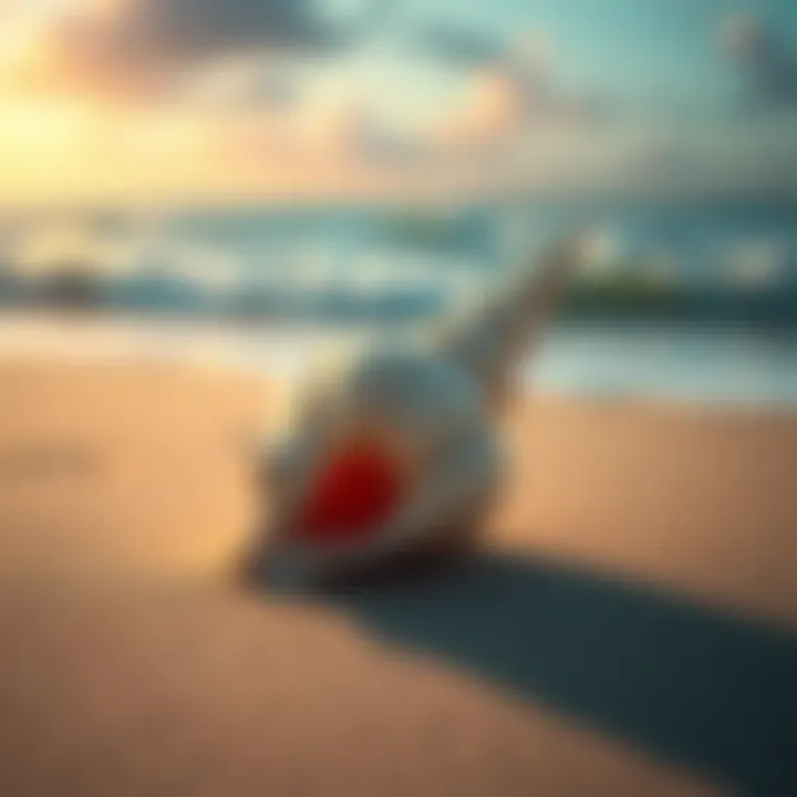 The Magic Conch Shell sitting on a sandy beach with ocean waves in the background, representing belief and manifestation.