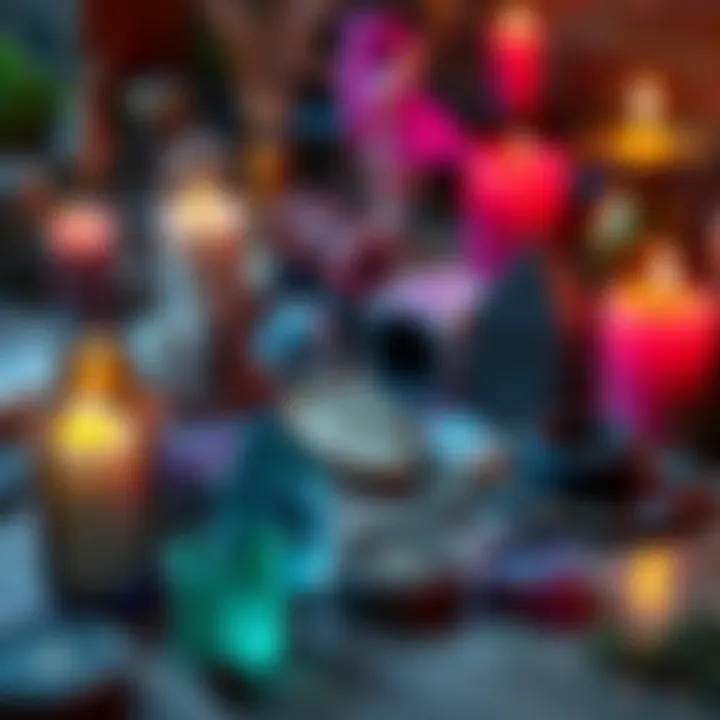 A collection of magical items including candles, crystals, and herbs, reflecting various rituals often seen in occult practices.