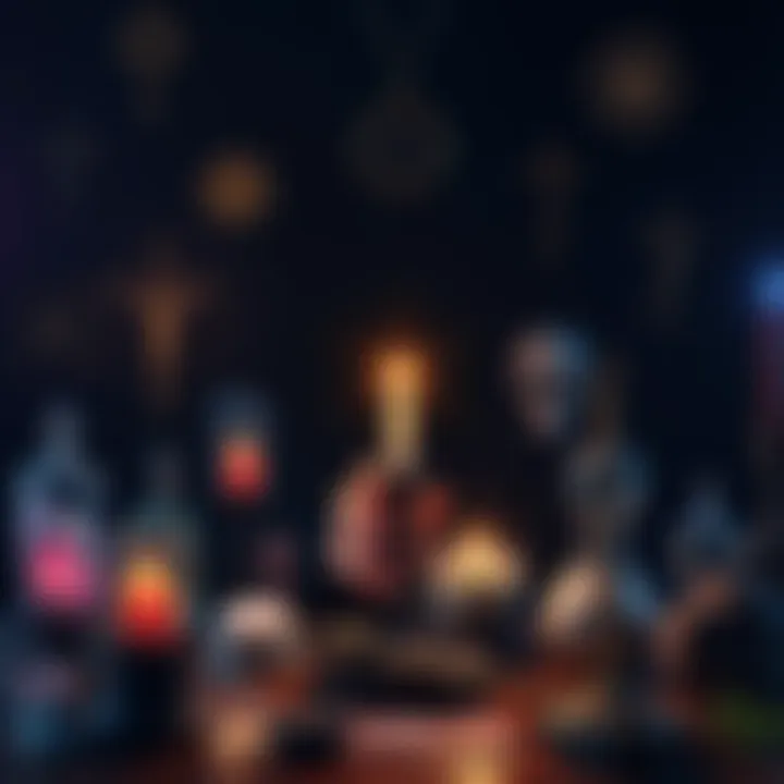 A person holding a candle in a dark room, surrounded by symbols of various religions and magical elements like crystals and herbs.