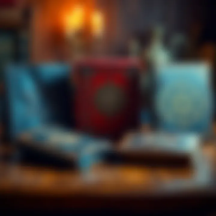 A collection of a Book of Shadows, a spellbook, and a grimoire on a wooden table, each with unique designs and symbols.