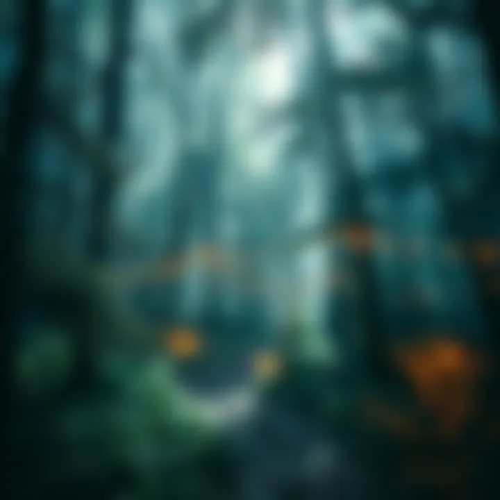 A mystical forest with shimmering lights and hidden paths, capturing the essence of enchanting but potentially unsafe magical spaces.