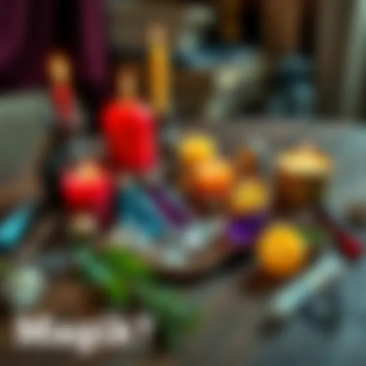 A collection of candles, crystals, and herbs used for spells on a wooden table