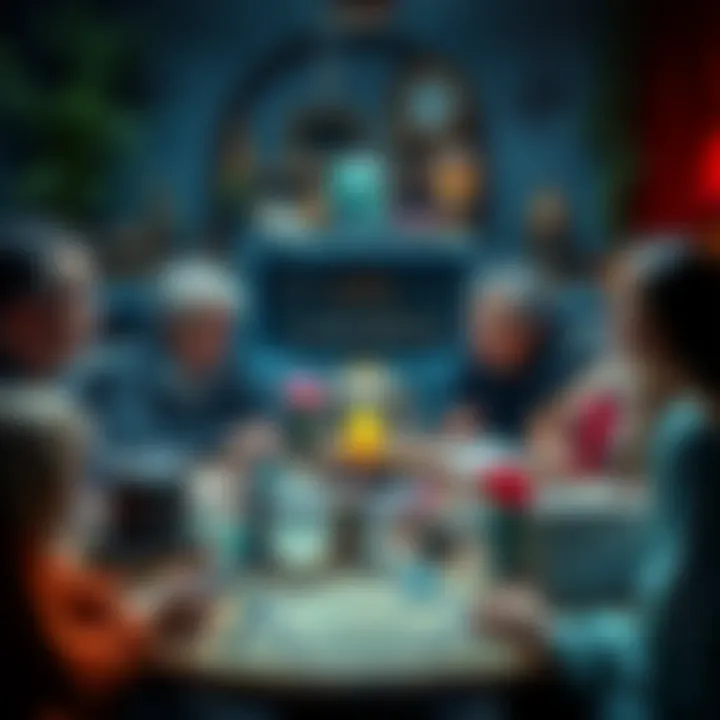 A collection of magical objects like crystals, herbs, and ancient scrolls surrounded by diverse people sharing their experiences.