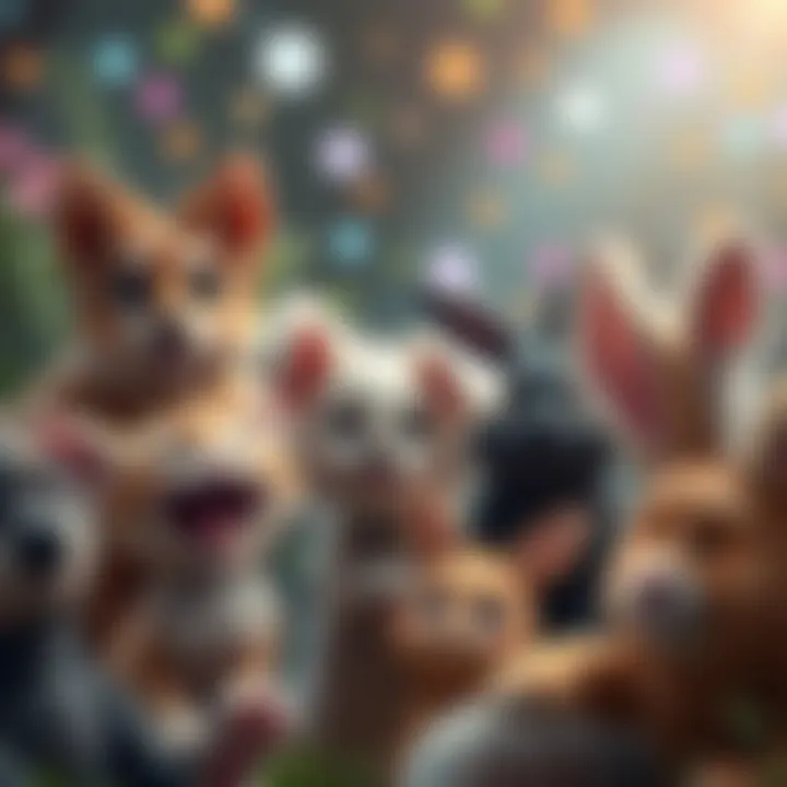 A collection of various magical pets including a cat, a dog, and a rabbit, all with whimsical features, gathered together in a joyful scene.
