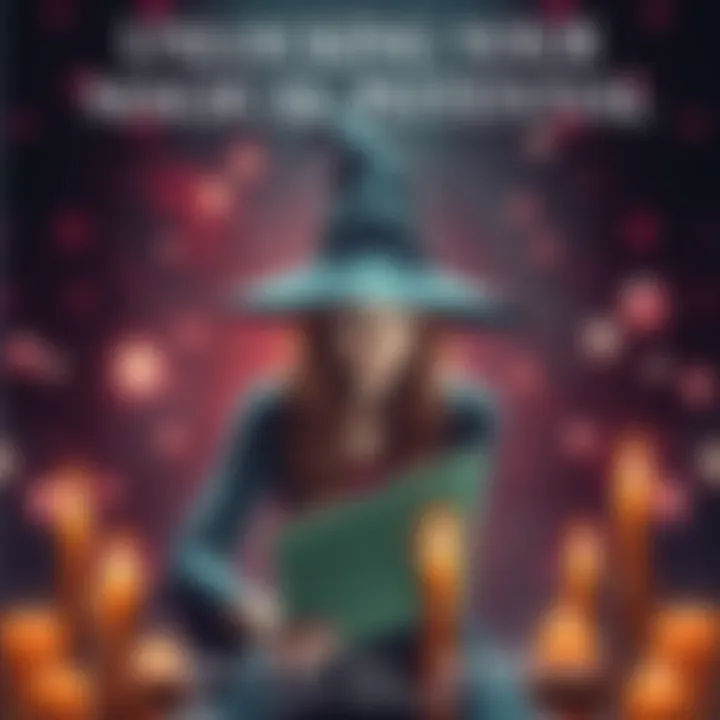 A serene witch surrounded by glowing orbs and candles, focusing on spell work with determination