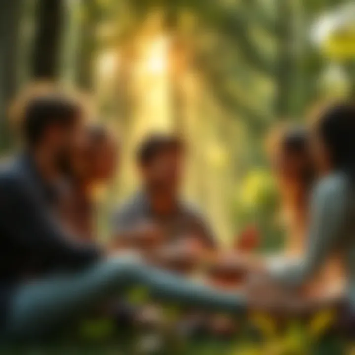 Magical Scene of Kindness A group of friends sharing food and laughter in a sunlit forest, surrounded by nature's beauty