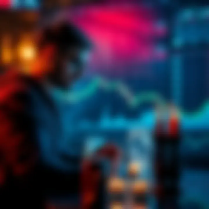 A trader using candles and crystals to influence stock market decisions, with financial charts in the background.