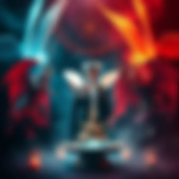 Magician Balancing Demons and Angels A magician performing a ritual, surrounded by representations of angels and demons, blending light and dark energies in a mystical setting.