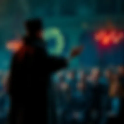 Person performing magic trick A magician in a cape demonstrates a magic trick, surrounded by a captivated audience. Sparkles and magical elements enhance the atmosphere.