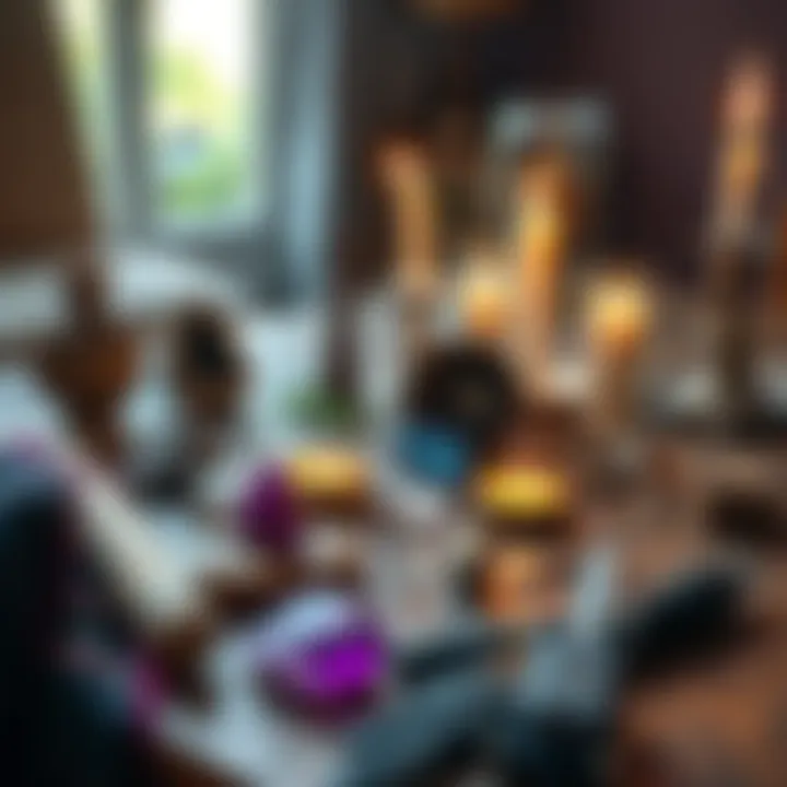 A wooden table filled with crystals, candles, and herbs used for magick practices.