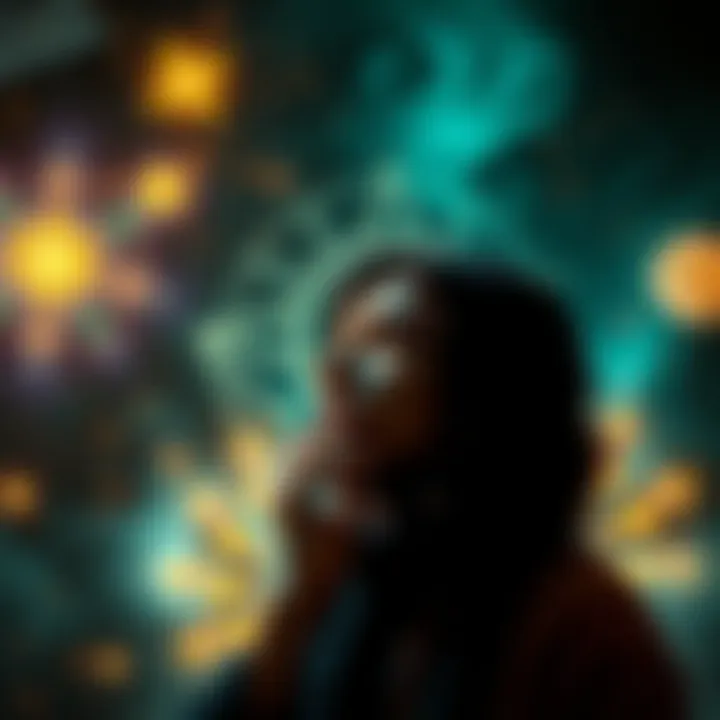 A mystical scene depicting ancient symbols and glowing orbs around a person deep in thought, representing the power of magick and belief reprogramming