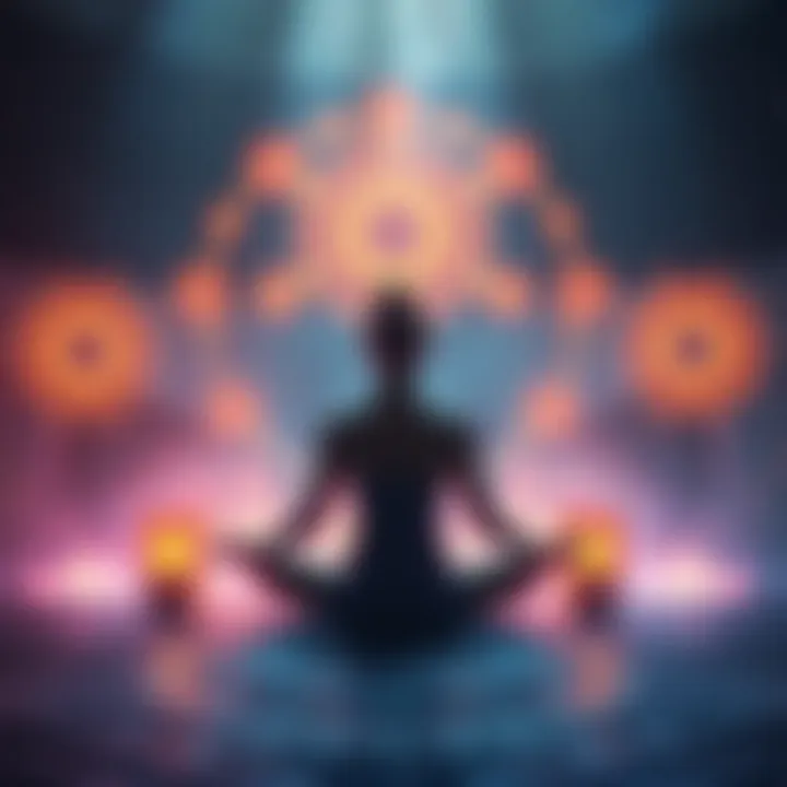 A serene scene showing a person meditating with glowing symbols around them, representing self-love and transformation through magick.