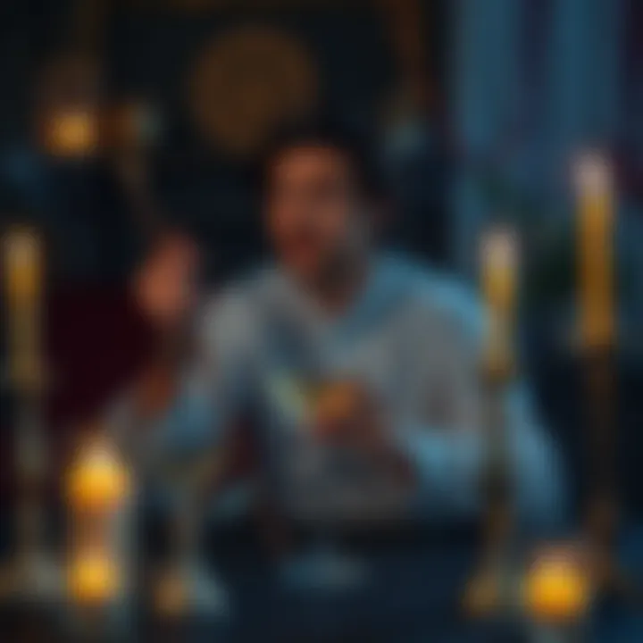 A person sitting at a table with a drink, looking pensive while holding a wand, surrounded by candles and magick symbols
