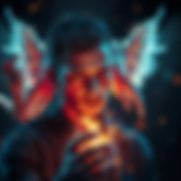 A person focused and channeling energy with angelic spirits for magick techniques against multiple foes