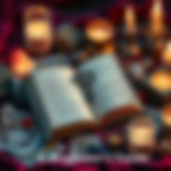 An open spellbook surrounded by tarot cards, crystals, and candles, representing Magick practices.