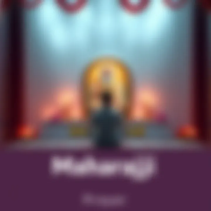 A serene setting with a person sitting cross-legged, meditating in front of a picture of Maharajji, surrounded by candles and flowers, symbolizing spiritual connection.