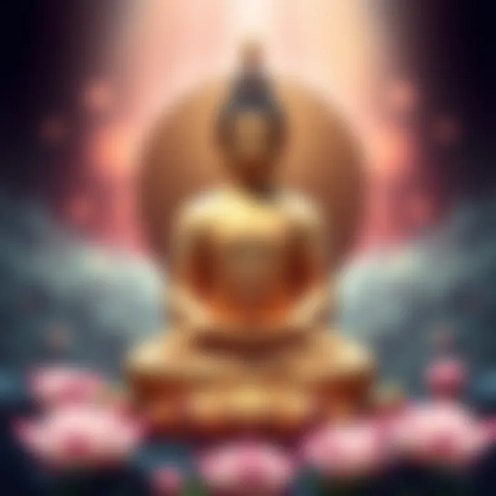 A depiction of Mahasthamaprapta Bodhisattva sitting calmly, symbolizing clarity and focus, surrounded by soft light and lotus flowers.