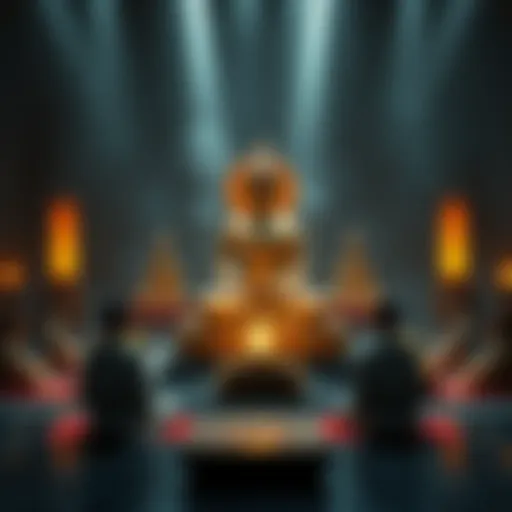 A serene environment showing a Buddha statue surrounded by practitioners meditating in different styles, including seated meditation and visualization techniques.