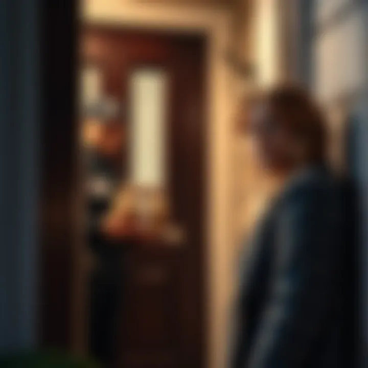 Concerned woman at her front door A woman looks worried while standing at her front door, glancing at the mailman outside. The mailman is holding a package and smiling, while the woman appears uneasy about the interaction.