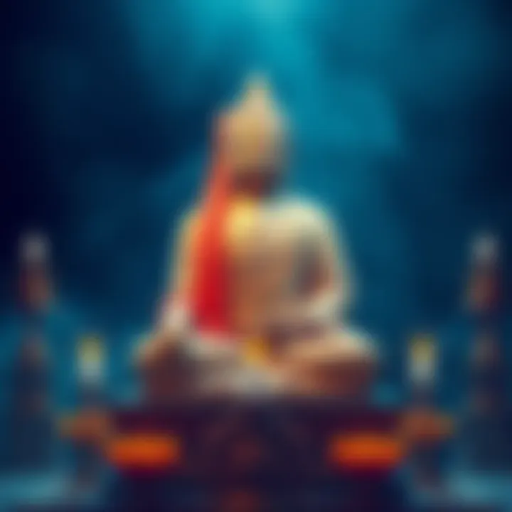 A statue of Maitreya seated in a calm manner, draped in traditional robes with a serene expression, surrounded by symbols of peace and enlightenment.