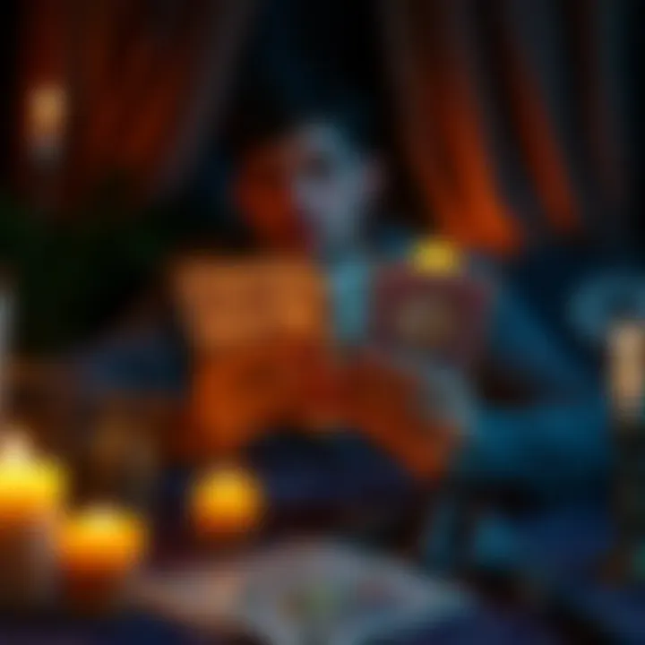 Major Arcana Tarot Reading A person reading Major Arcana tarot cards at night, with a cozy setup and candles around.
