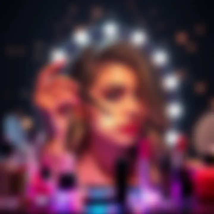 Makeup Incantations A person applying makeup with a magical glow around them, surrounded by beauty products and sparkles.