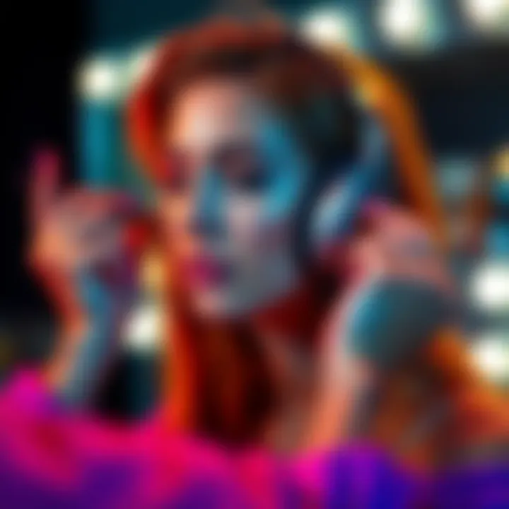 A woman applies makeup while listening to music through headphones, looking confident and ready to go out.