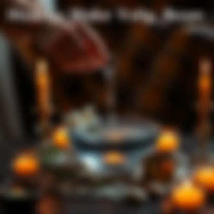 Making Holy Water A person pouring water into a bowl for creating holy water, surrounded by herbs and candles.