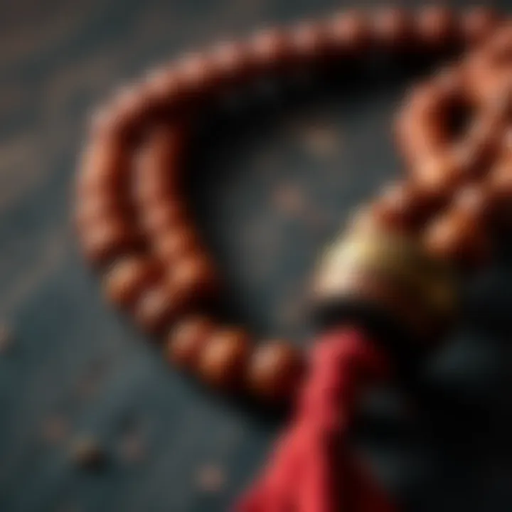 A close-up of mala beads crafted from red sandalwood, showcasing their texture and color