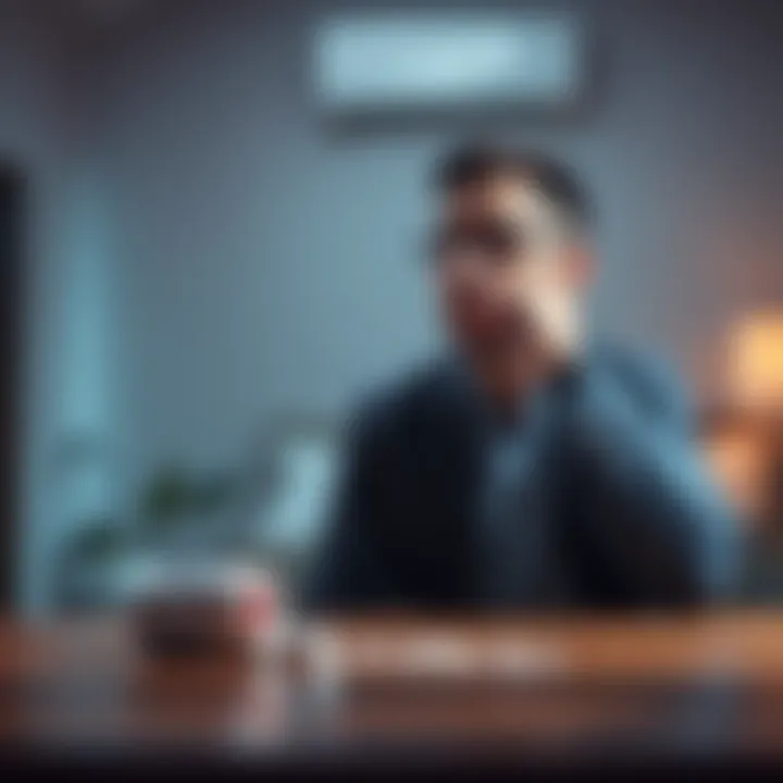Male contraception concept A graphic showing a man thinking about male contraception options while looking at a medicine tablet on a table