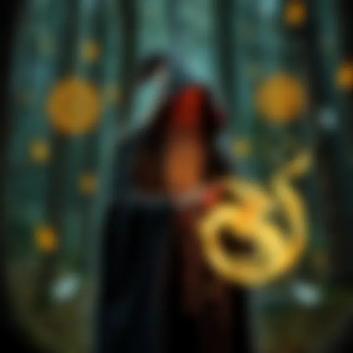 A male witch wearing a cloak stands in a forest, surrounded by glowing symbols and natural elements, reflecting on the concept of witchcraft.