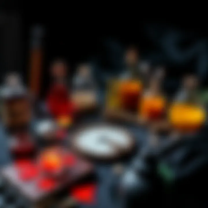 A collection of magical ingredients and tools used for hexes and spells on a dark table