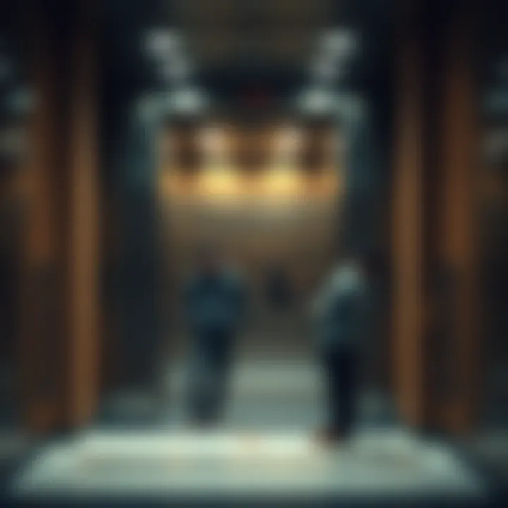 A person stands hesitantly outside a mall elevator, showing anxiety about riding it, while another person looks supportive nearby.