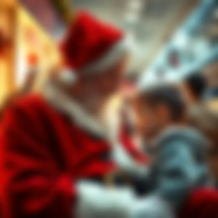A mall Santa listening intently to a young boy who looks distressed, with Christmas decorations in the background.
