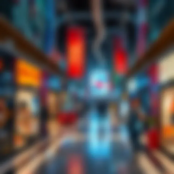 A busy mall with various shops and shoppers walking around