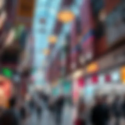 A vibrant, busy mall filled with shops and people, evoking a dreamlike atmosphere.